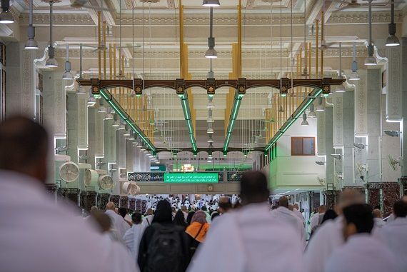 An aerieal view of the Prophet's mosque with its umbrellas, minarets and the Green Dome showing